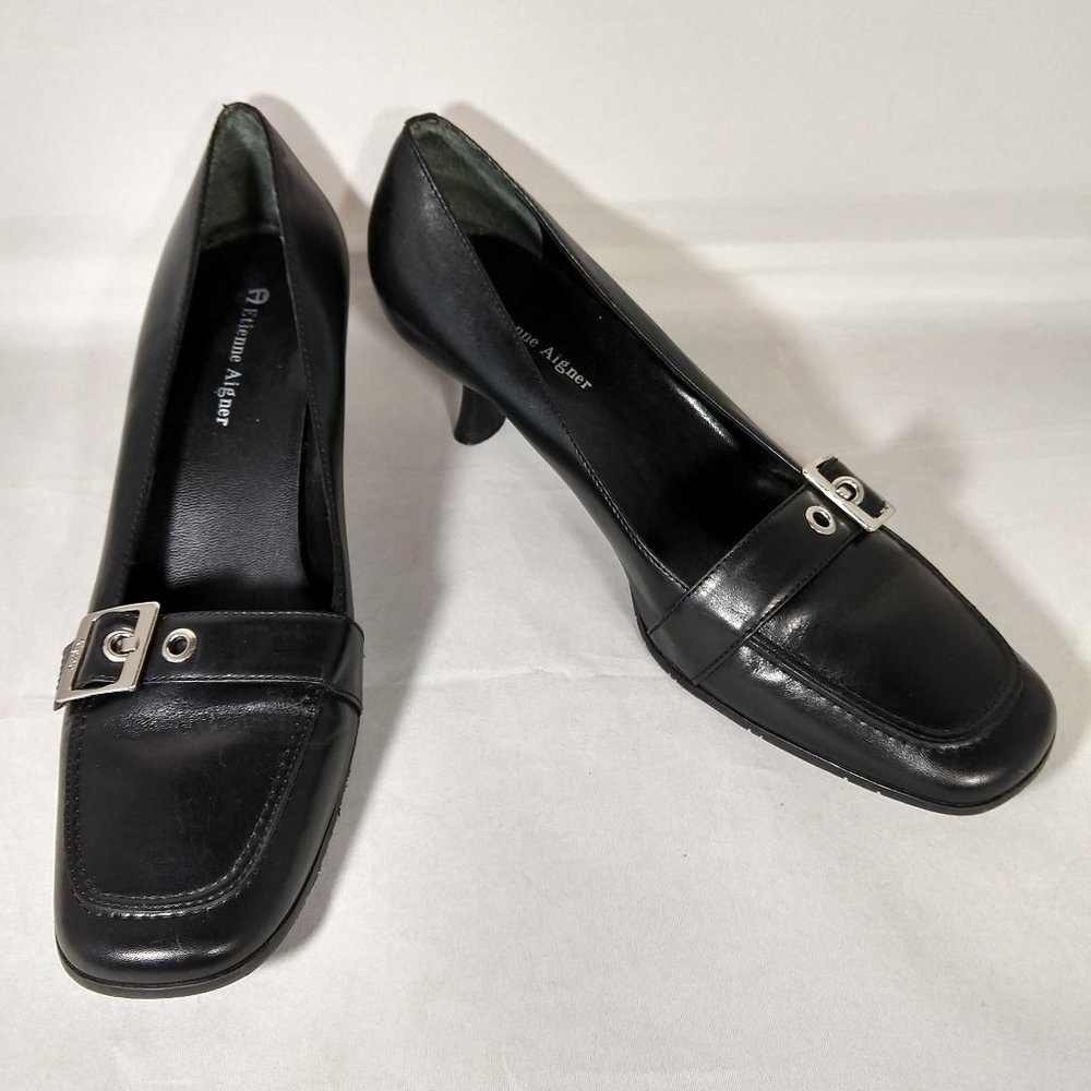 NEEMA Black Leather Pump Buckle 2.5" Kitten Heels